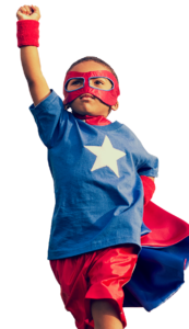 2.6 Challenge boy dressed as superhero with arm raised as if flying