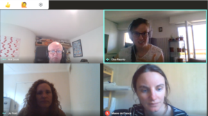 Four people participating in an online meeting, two from MapAction, two from CartONG