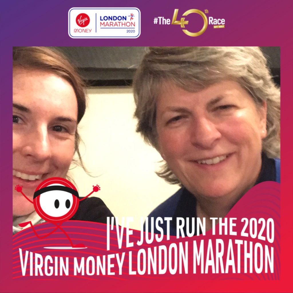 Close up of Jocelyn and Vanessa smiling to camera with London Marathon The 40th Race frame and text reading 'I've just run the 2020 Virgin Money London Marathon'