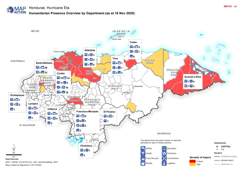 Map of humanitarian presence overview by department, Honduras, as at 16 November 2020