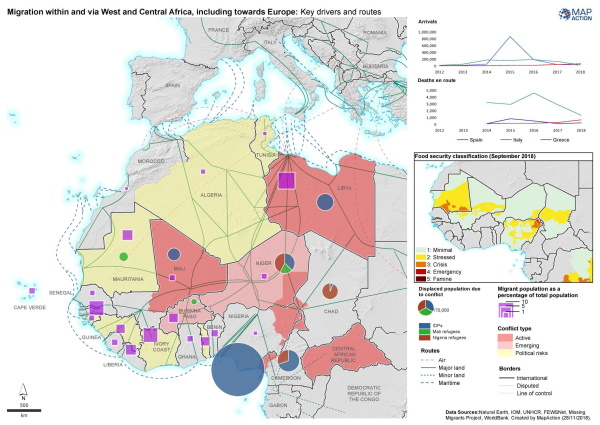 Map of migration within and via West and Central Africa, including towards Europe: key drivers and routes