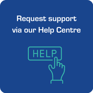 Button with image of hand pressing a "help" button and text "Request support via our Help Centre"