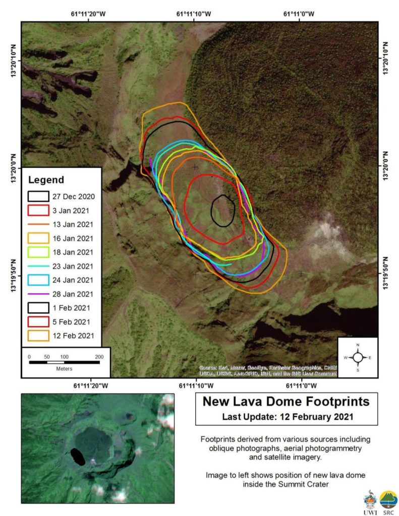 aerial photo with annotation showing growth of magma dome on 11 dates between 27 Dec 2020 and 12 Feb 2021