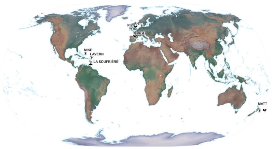 map of the world showing locations of team members working for CDEMA and  United Nations Environment Programme and the La Soufriere volcano