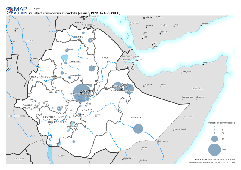 Map showing the variety in the number of commodities being sold in market places in Ethiopia January 2019 to April 2020.