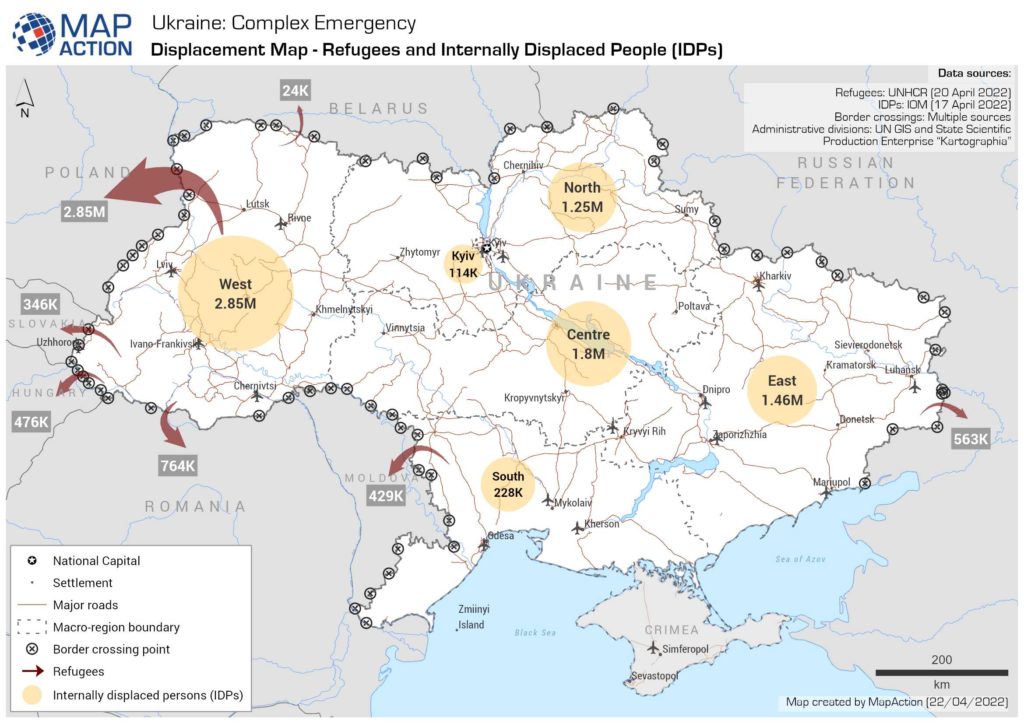 Map of displaced people and refugees in Ukraine (22.4.2022).
